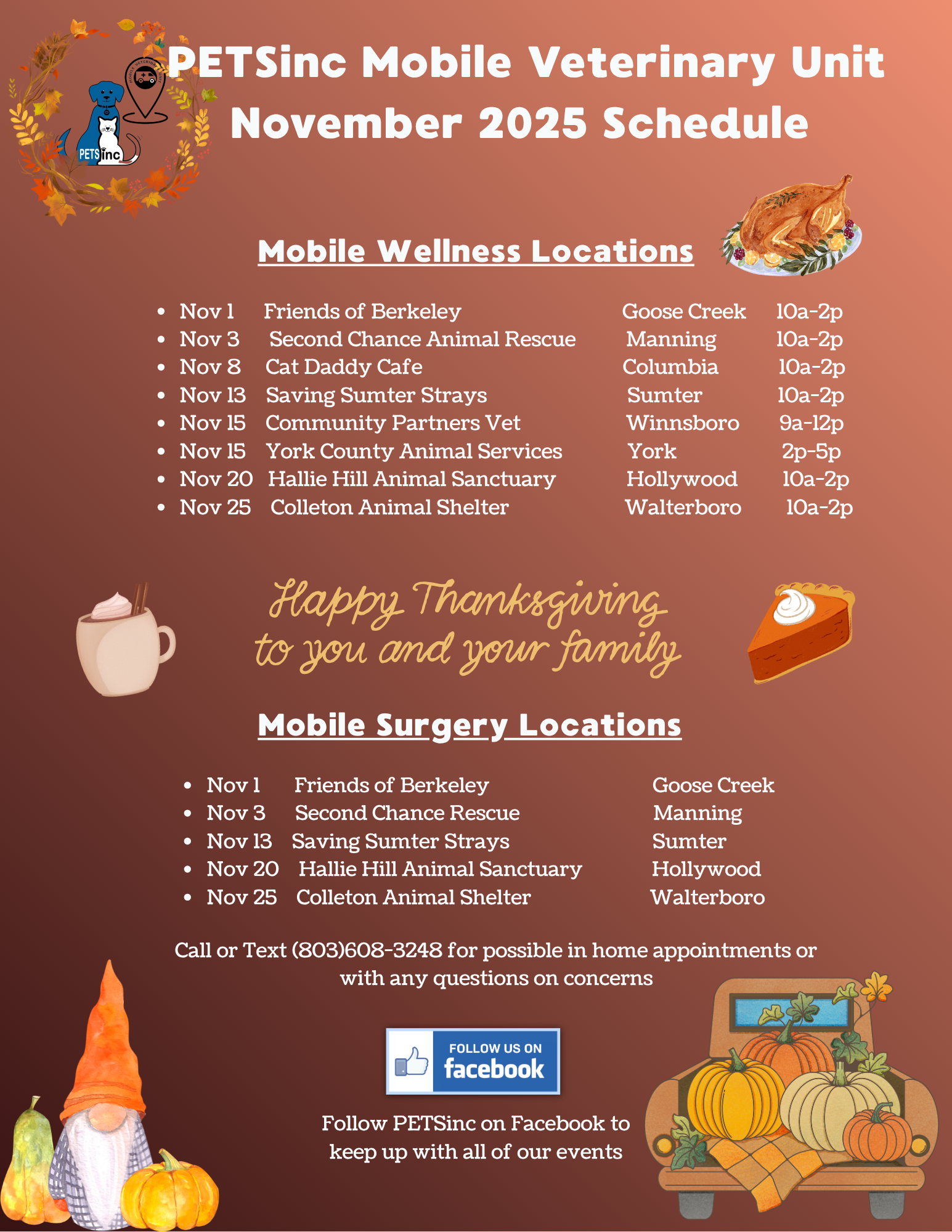 Call or text 803-608-3248 for possible in home appointments or any questions at all.