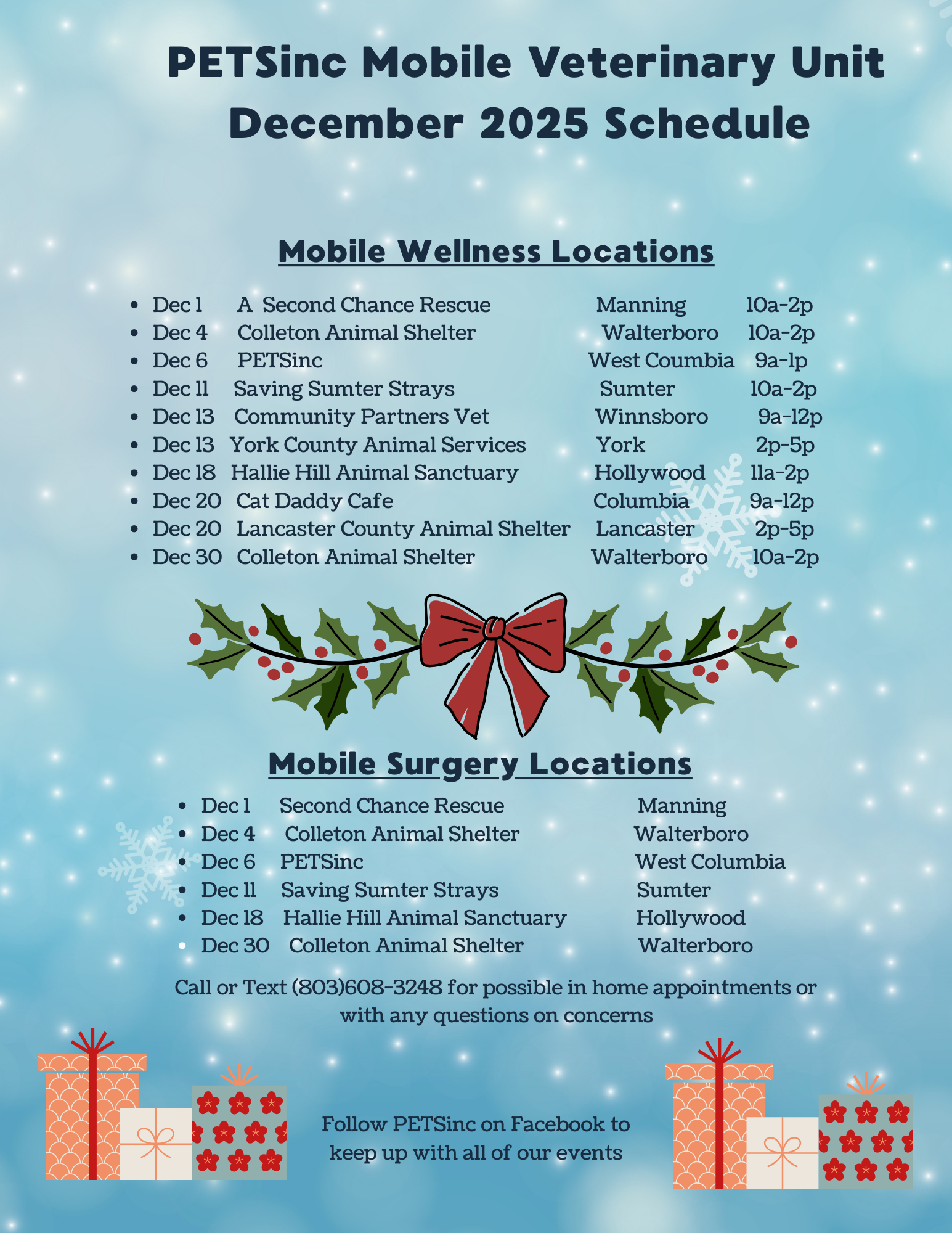 Call or text 803-608-3248 for possible in home appointments or any questions at all.